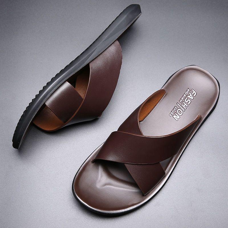 Men Black Leather Slippers Simple Flats Summer Brown Outdoor Roman Sandals Outdoor Beach Shoes for Father Over Sized