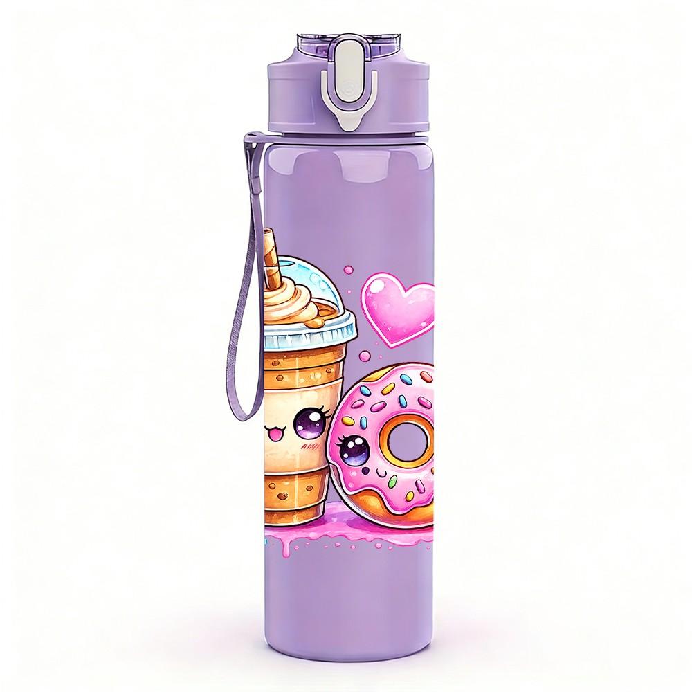 1PC Sweet Drink Donut Dessert Cartoon Print 750ml Color Plastic Sports Water Bottle Leakproof Flip Straw Lid Suitable for Sports Office Home Use