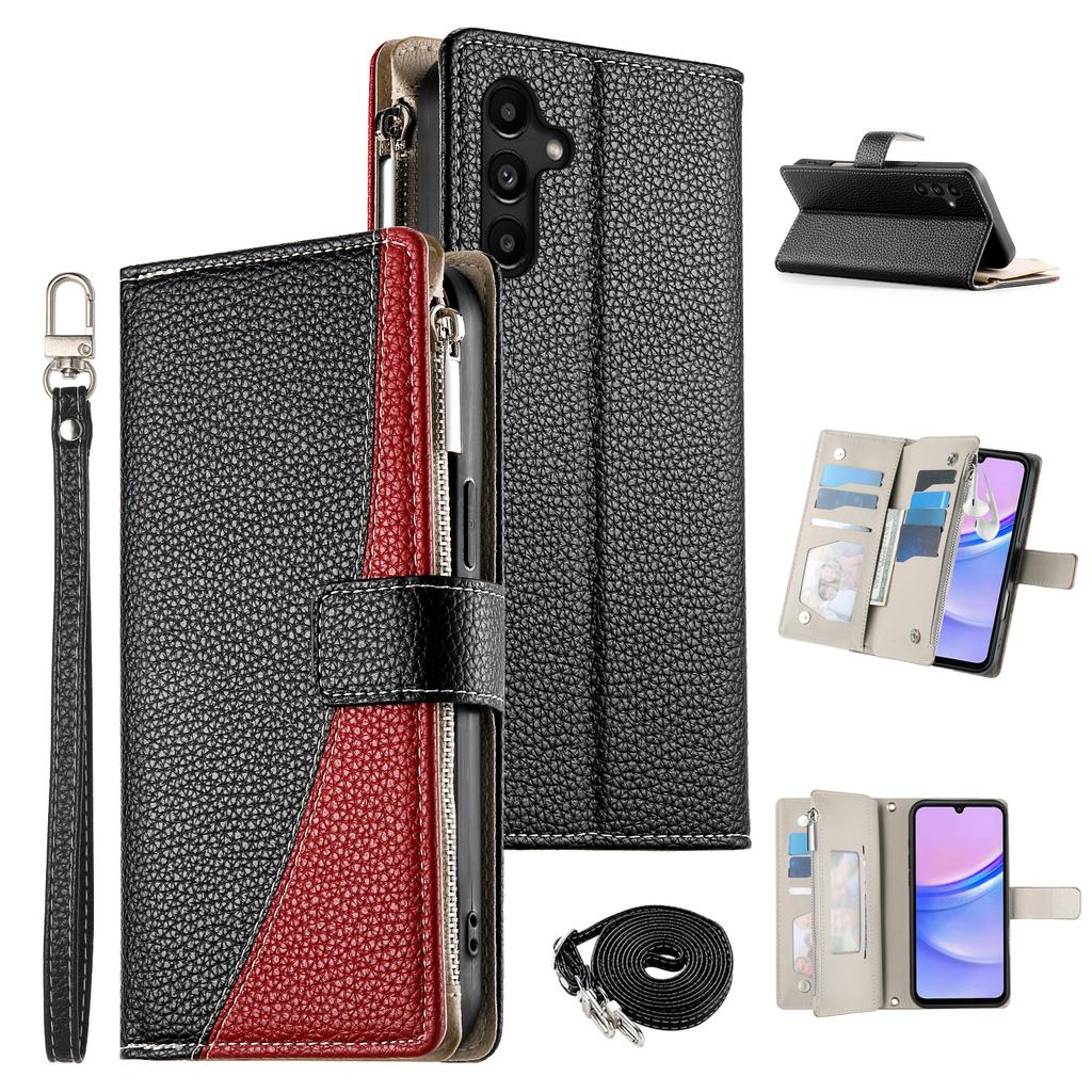 For Samsung Galaxy A15 5G/4G Case Zipper Wallet Color Splicing Leather Flip Phone Cover with Straps