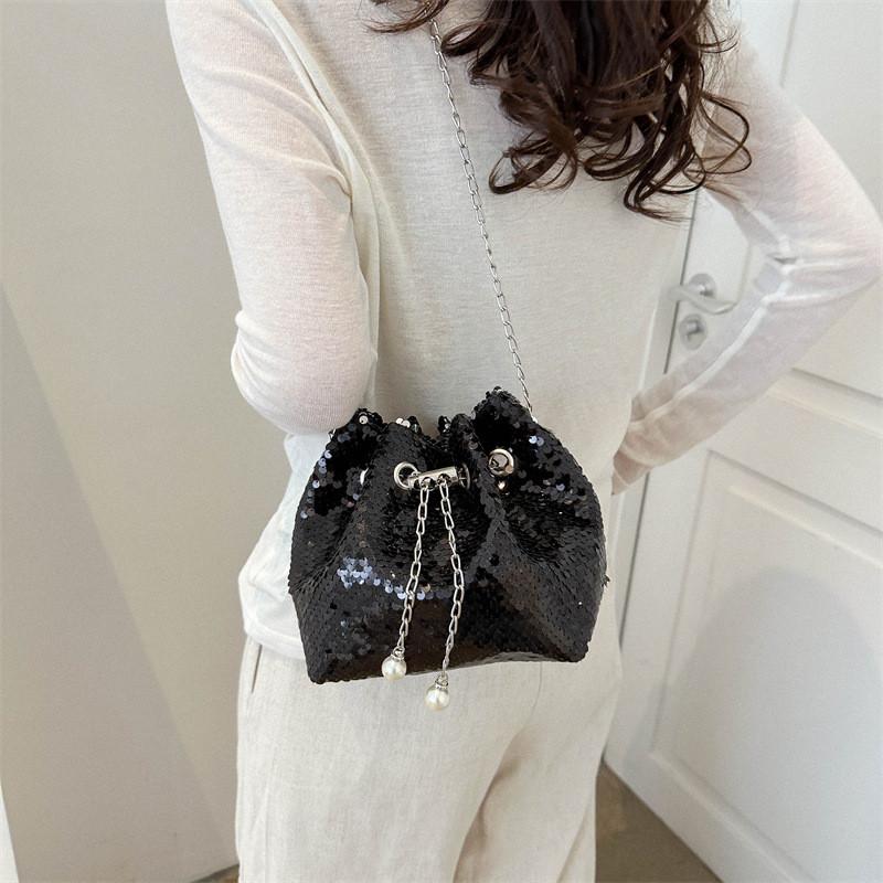Fashion-forward Black And Silver Sequin Bucket Bag Versatile Single Shoulder Crossbody Bag For Women