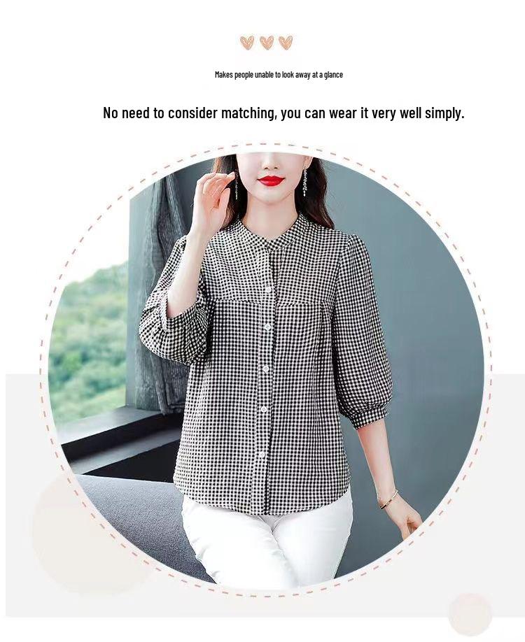 Women's Fashionable Red Plaid Stand-Up Collar Blouse - Seven-Sleeve Loose Fit for Summer 2025