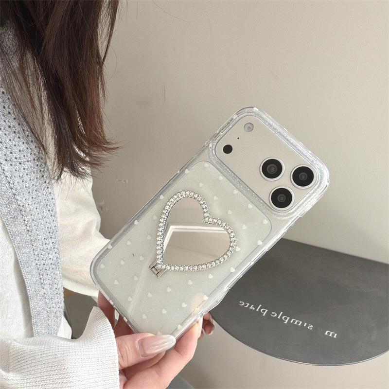 Rhinestone Heart Luxury Makeup Mirror Phone Case for iPhone 17/16 Pro Max/15/14