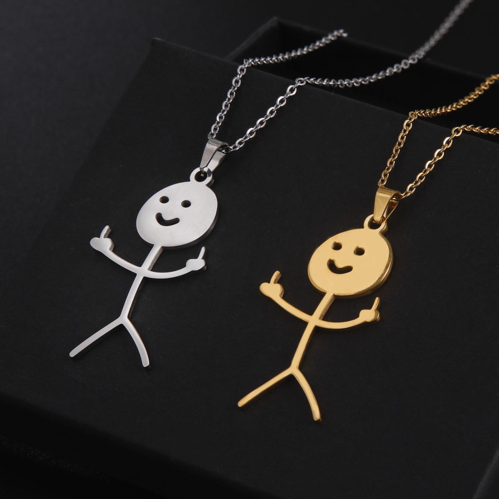 

Teamer Hip Hop Middle Finger Stickman Necklace Rock Punk Funny Doodle Pendant Necklace for Women Men Trend Jewelry Gift Silver&45cm