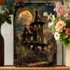 Spooky Halloween Witch Hat & Haunted Castle Vintage Metal Tin Sign - Gothic Wall Decor with Full Moon, Bats, and Eerie Design fo