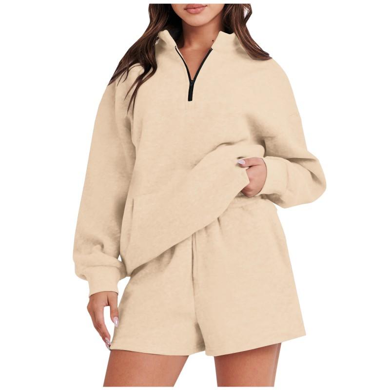 Womens Solid Color Long Sleeve Hoodie Shorts Set Winter 2026 Comfortable Casual Lounge Outfit