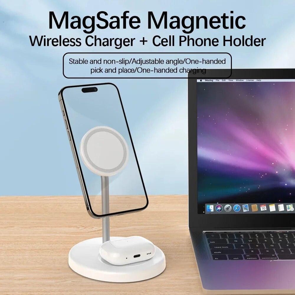 2 In 1 Magnetic Wireless Charger Stand 15W Phone Charging Station Dock For iPhone 15 14 13 12 Pro Max AirPods Fast Chargers