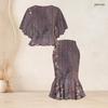 Women Plus Size Printed Round Neck Batwing Sleeve Ruffle Hem Top Fishtail Skirt Two Piece Set