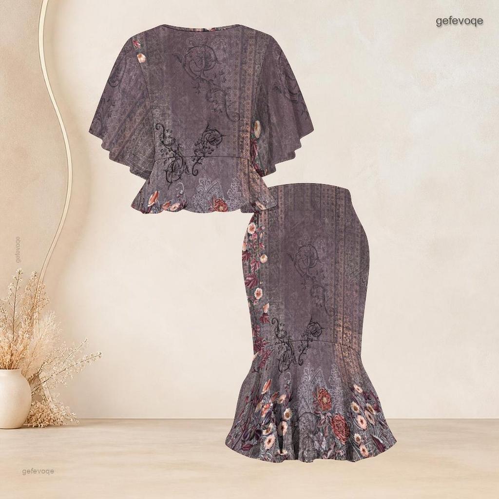 Women Plus Size Printed Round Neck Batwing Sleeve Ruffle Hem Top Fishtail Skirt Two Piece Set