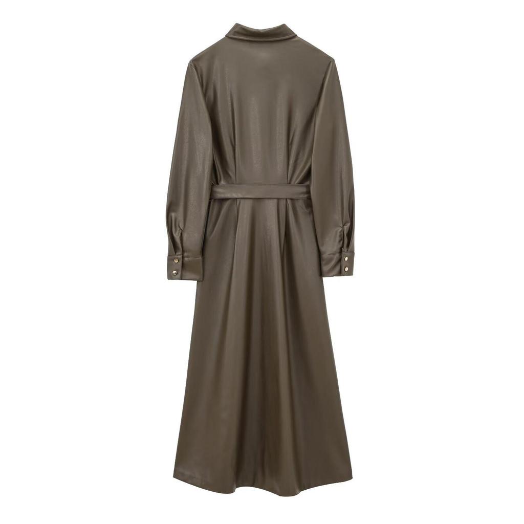 Women's 2025 Faux Leather Long-Sleeve Belted Shirt Dress – Winter Collection