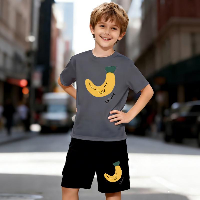 Boys 2 Piece Banana Pattern Print Outfit, Short Sleeve T-Shirt and Shorts Set for Kids Age 5-14, Black and White Sporty Casual Summer Clothes