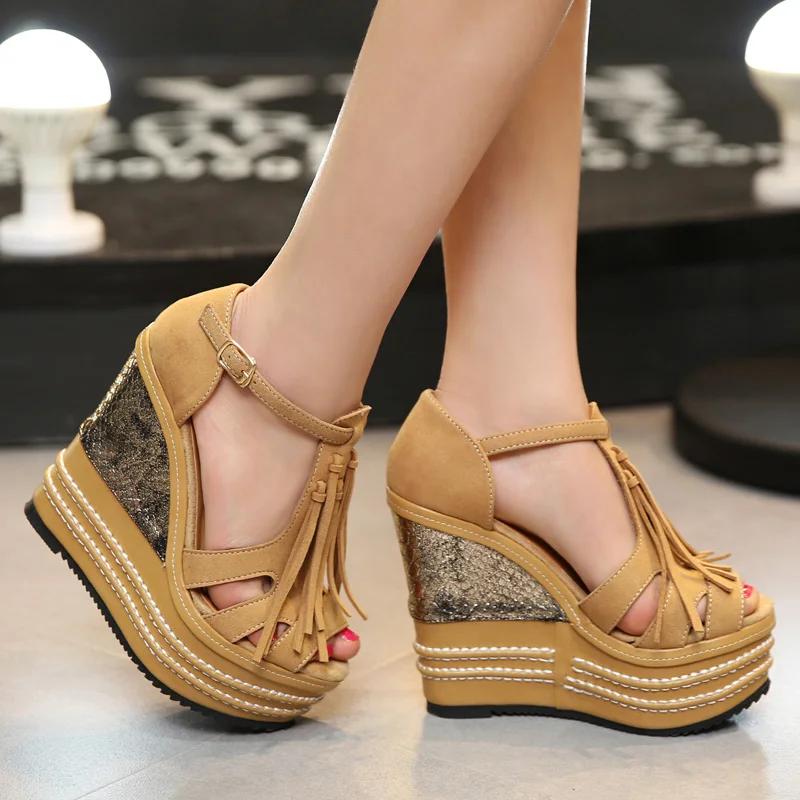 Fashion Summer New Arrival Tassel Wedge Sandals 14CM Ultra High Platform Heels, Sexy Ethnic Style Women's Party Shoes for Night Club