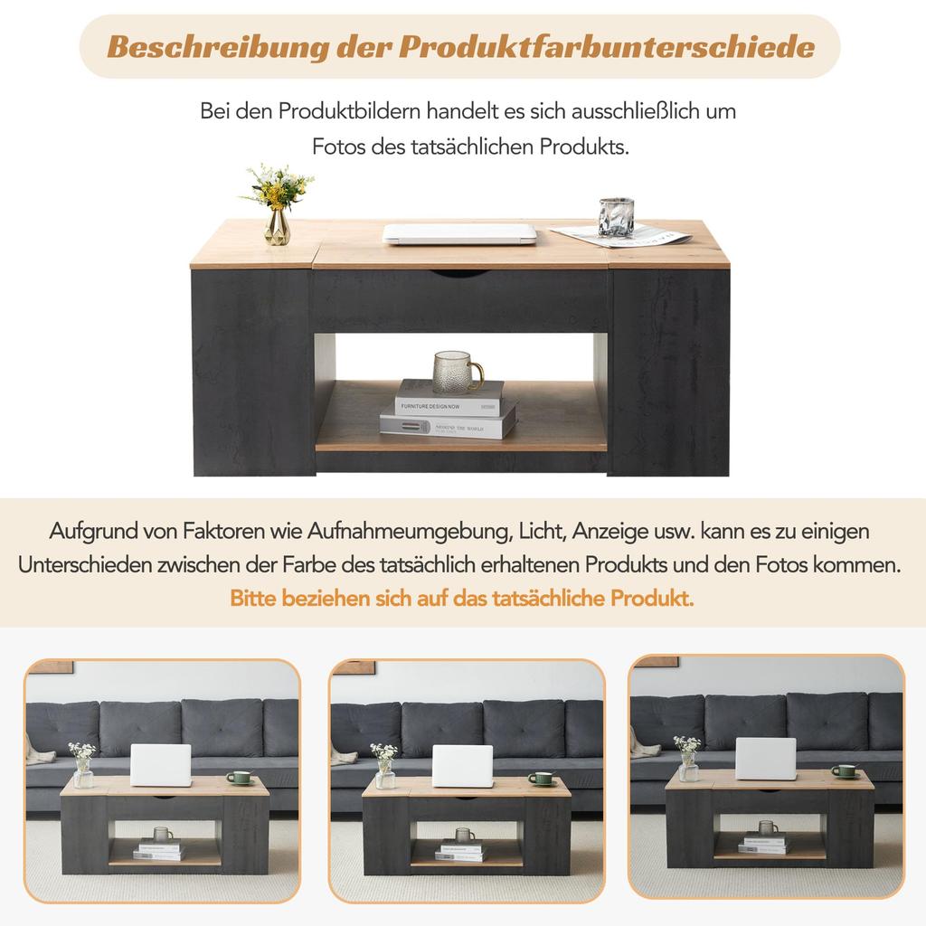 Couchtisch Kaffeetisch Offenes Fach, Versteckte Aufbewahrung, Hebbarer Tischplatte, Holz Sofatisch Beistelltisch Wohnung, Büro, Grau & Hellbraun