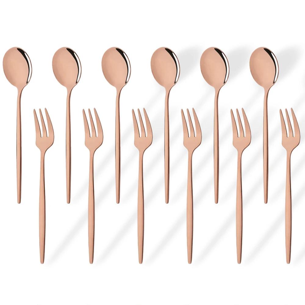 12-teiliges Edelstahl-Spiegel-Gold-Gabel-Löffel-Set, Kuchengabel, Snack-Salat, Kaffee, Obstgabel, Löffel, Besteck, Küchengeschirr-Set