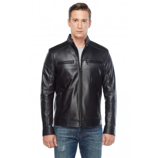 

Мужские куртки Мужское кожаное пальто из натуральной кожи черного цвета Regular Fit