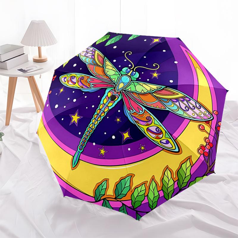 Bunter Libellen-Mondphasen-Automatik-Öffnungs-Regenschirm - Tragbares FaltDesign mit 8-Speichen-Eisenrahmen, Perfekt für den Außenbereich, Festlich