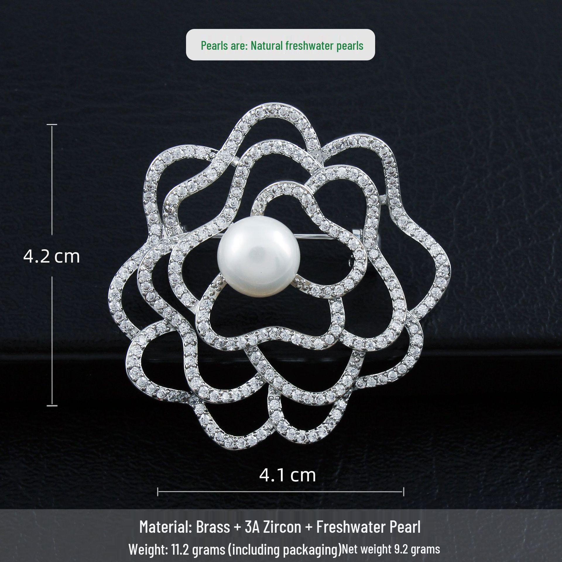 Elegant Pearl Camellia Brooch with Inlaid Zirconia for Women – Light Luxury, High-End Accessory