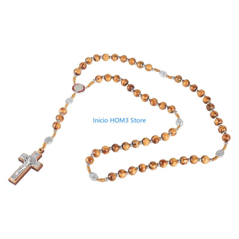 A5YD 10mm Wooden Beads Catholic Rosary Necklace Christian Religious Jesus Pendant Praying Jewelry for Men Women Gift China Mainland