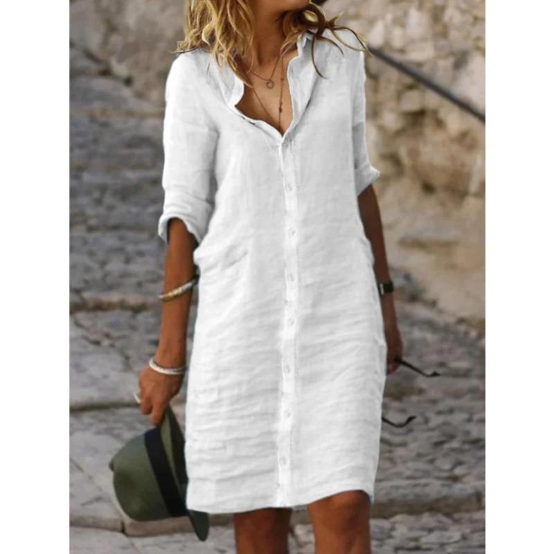 YYFS Women's Fashion Summer Spring Solid Color Print 1/2 Sleeves POLO Neck Loose Waistline Casual Dresses