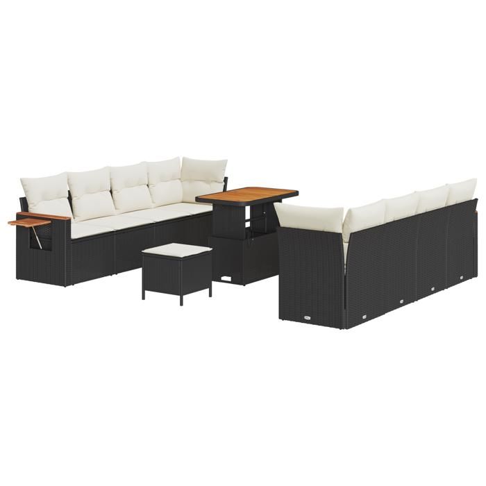 Set de Canapés de Jardin de 11 Pièces avec Coussins en Poly Rattan Noir Acacia, Set de Dîner de Jardin 3 Pièces 3363150