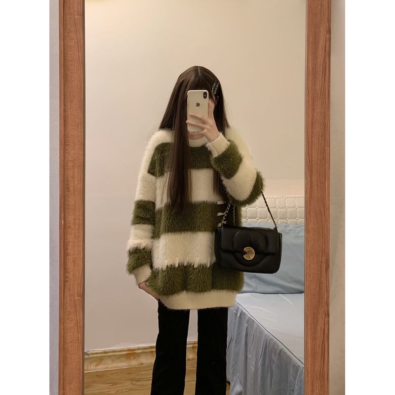 

Норковая пряжа Контрастный цвет Свободный дизайн Нишевый стиль Свитер Green S