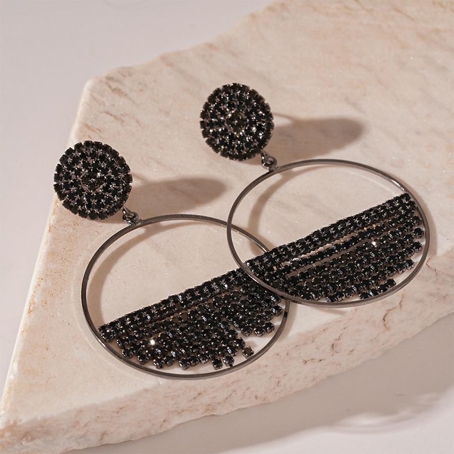 Silver Needle Black Diamond Flower Geometric Tassel Stud Earrings - Elegant, Luxurious, High-End Design for Women