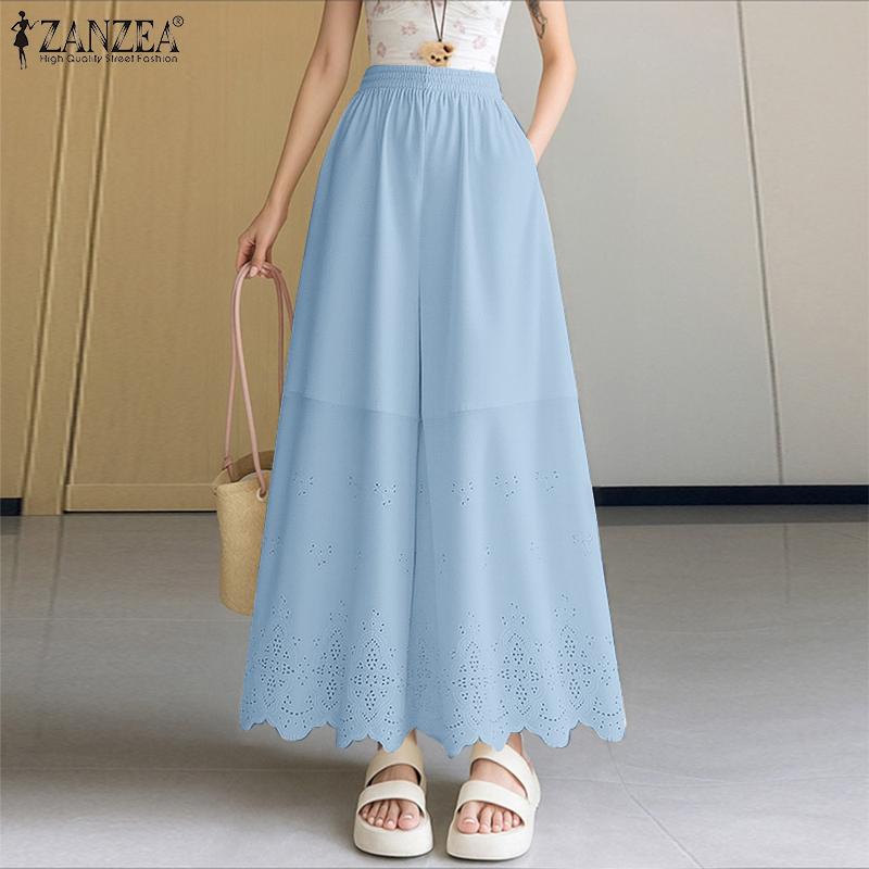 ZANZEA Pantaloni Cropped Largi de Vacanță Casual pentru Femei, cu Talie Elastică, Largi