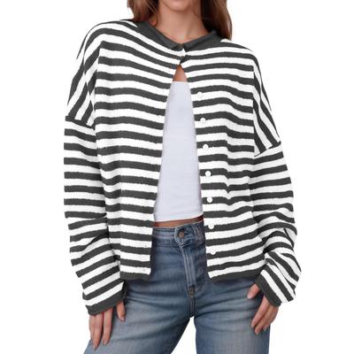 Women's Striped Cardigan Casual Long Sleeve Button-Up Loose Knitted Sweater