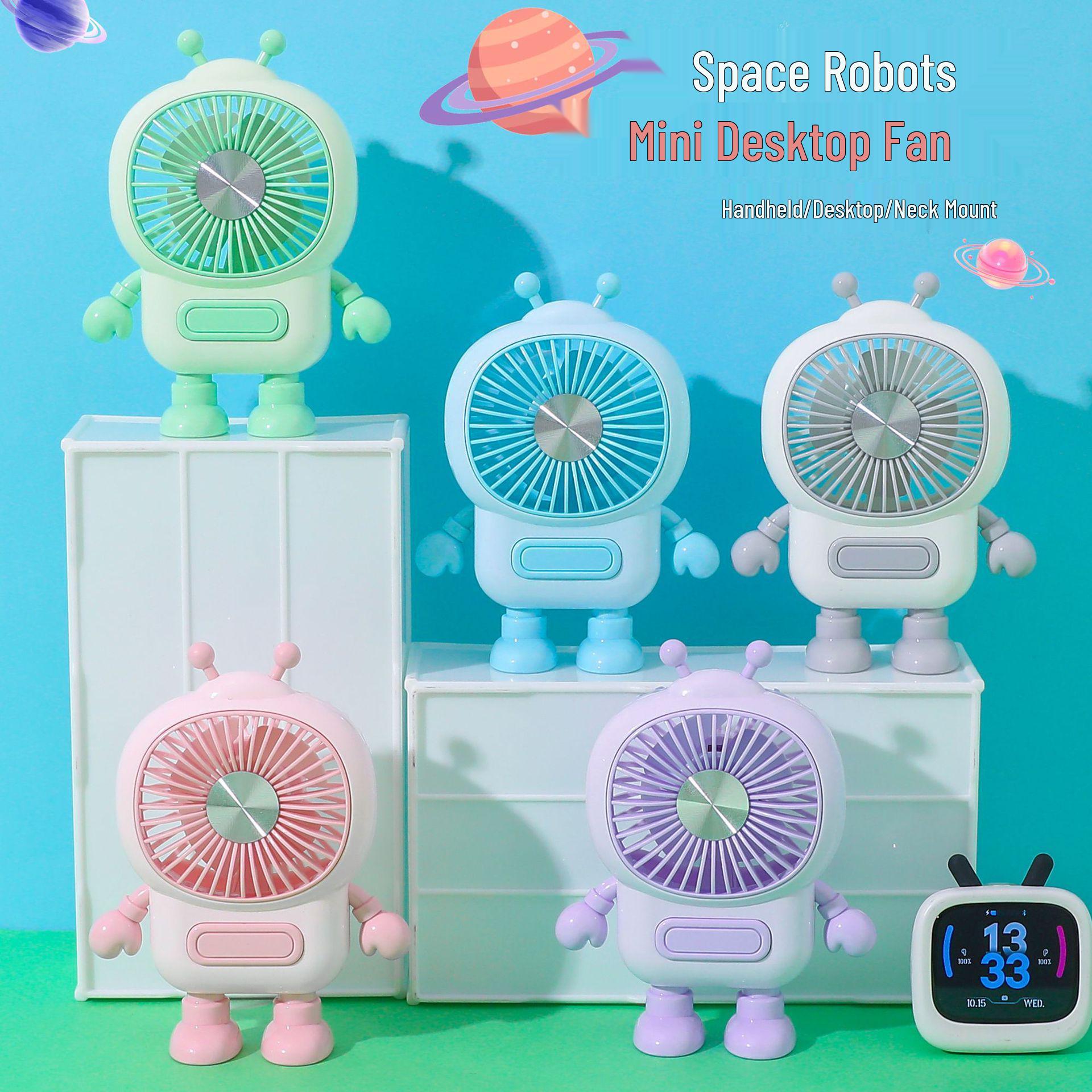 Portable USB Rechargeable Cartoon Space Robot Neck-Hanging Fan Color box packaging + USB charging cable
