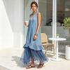 Summer Sleeveless Maxi Dress for Women, Deep V Neck Mesh Patchwork Long Dress, A-line Ruffle Flowy Beach Sundress