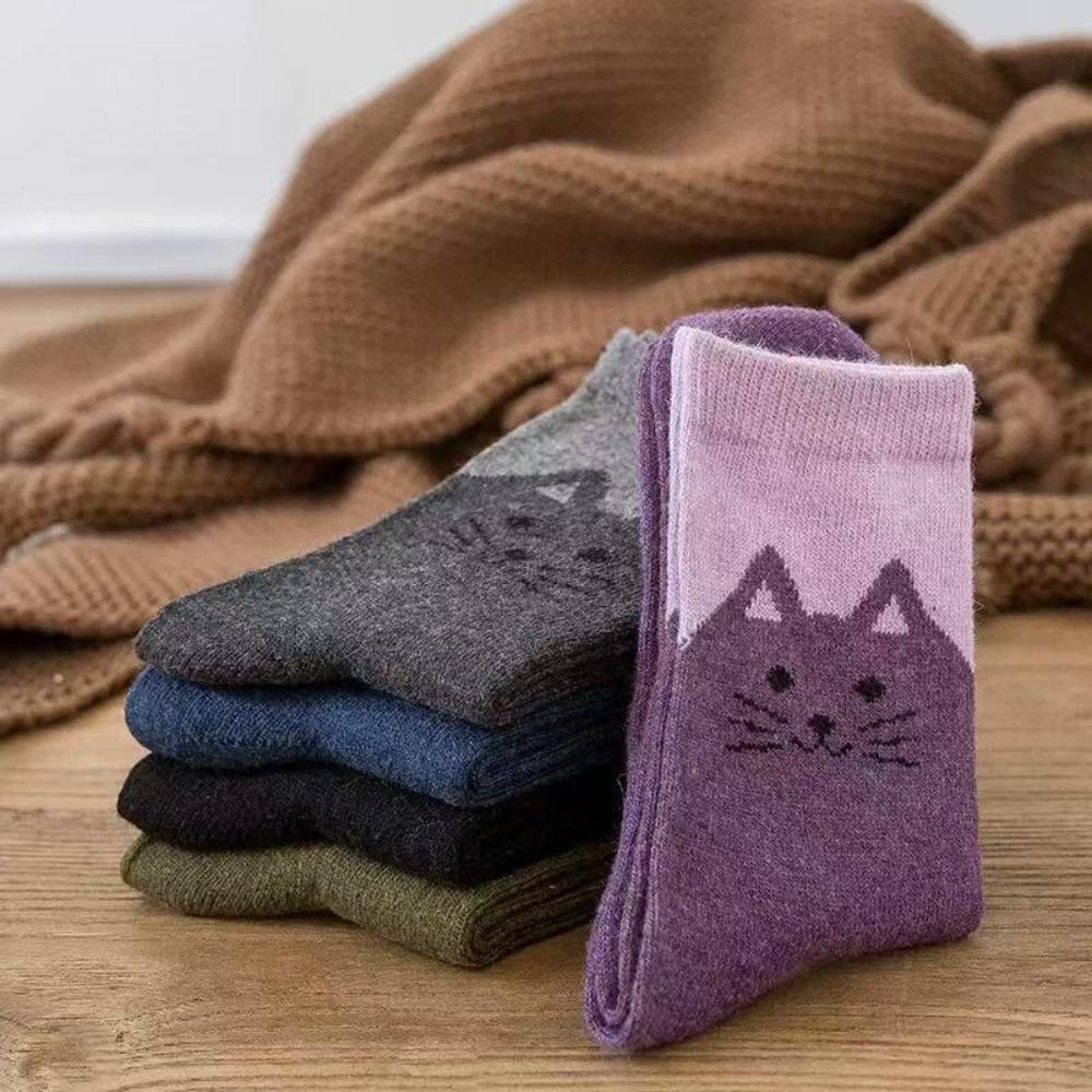 5 Pairs Elastic Cuff Mid Calf Socks Soft Breathable Cartoon Cat Socks Cotton Crew Socks For Women
