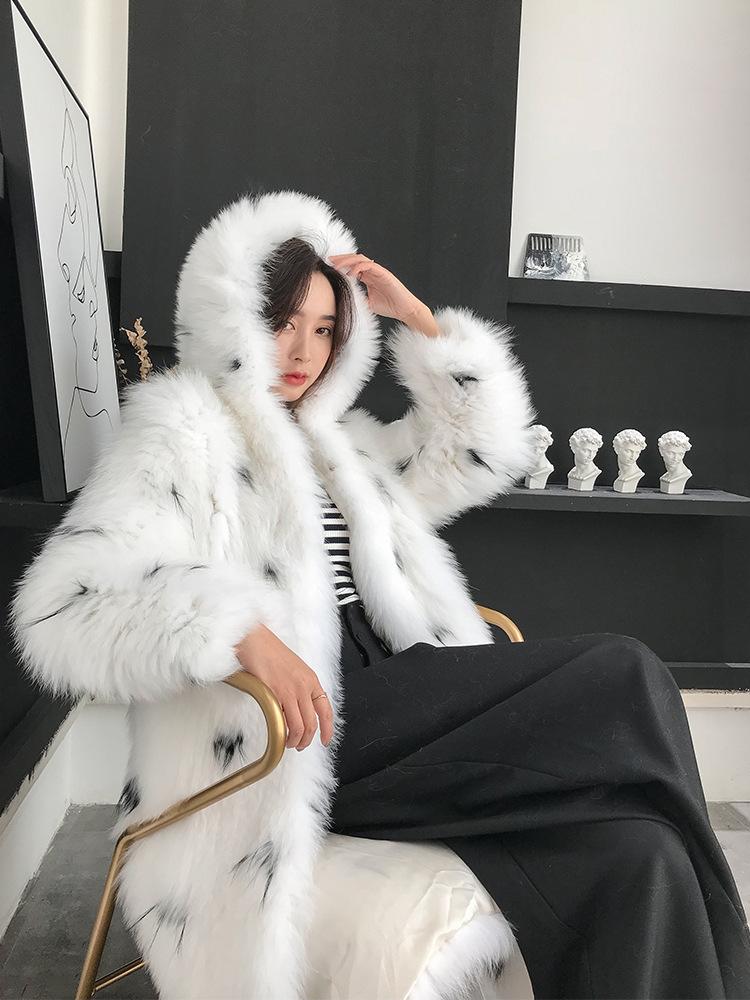 2024 new fur long coat hooded long-sleeved jacket thickened warm imitation fox fur trench coat