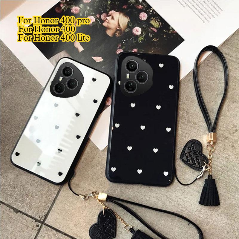 

Small Love Heart Hard Glass Cover for Honor 400 Pro 400 Lite Shockproof Tassel Lanyard Soft Edge Phone Case for Honor 400Pro For honor 400