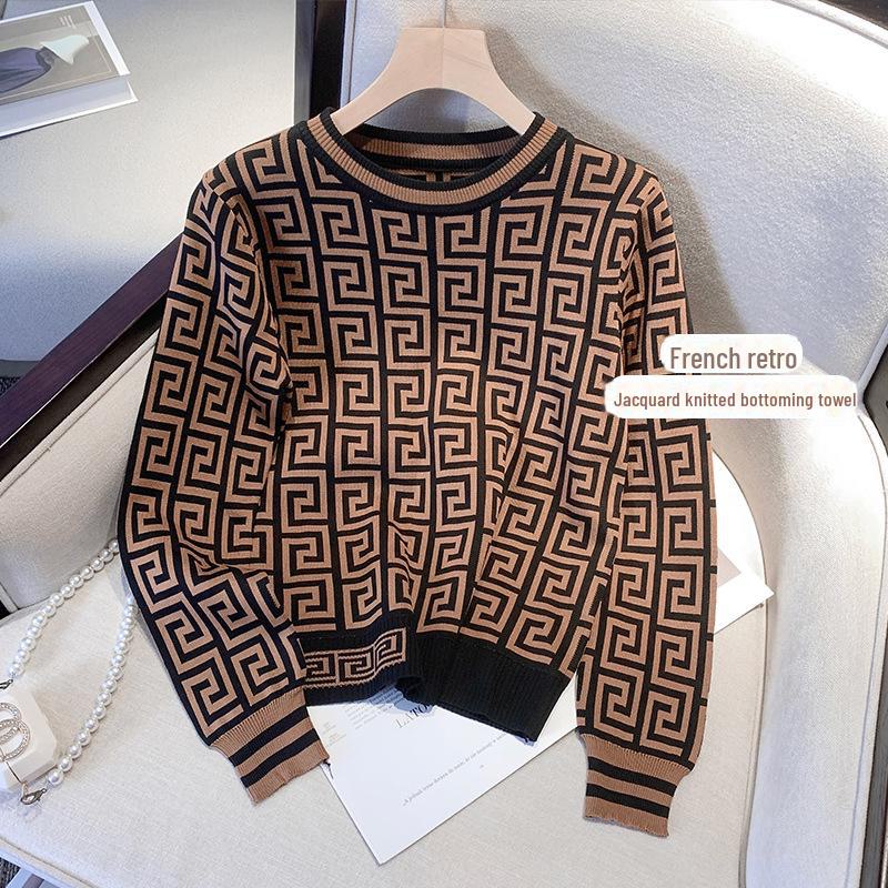 Women's Retro Jacquard Color-Block Long-Sleeve Knitted Pullover Sweater for 2024 Autumn/Winter