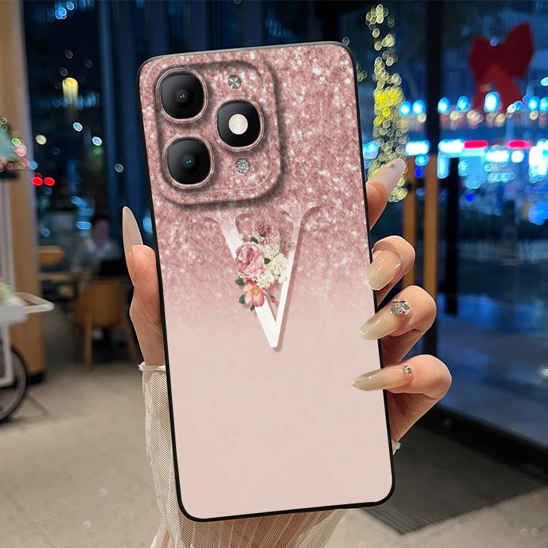 Fashion Design Initial Letter With Flower Pattern Phone Case For Itel A90 Soft Silicone Anti-scratch Black Couple Casing