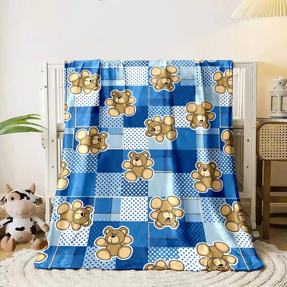 Patchwork background in blue tones with scattered teddy bears. for all seasons blanket lunch break throw gift 80cm x 120cm