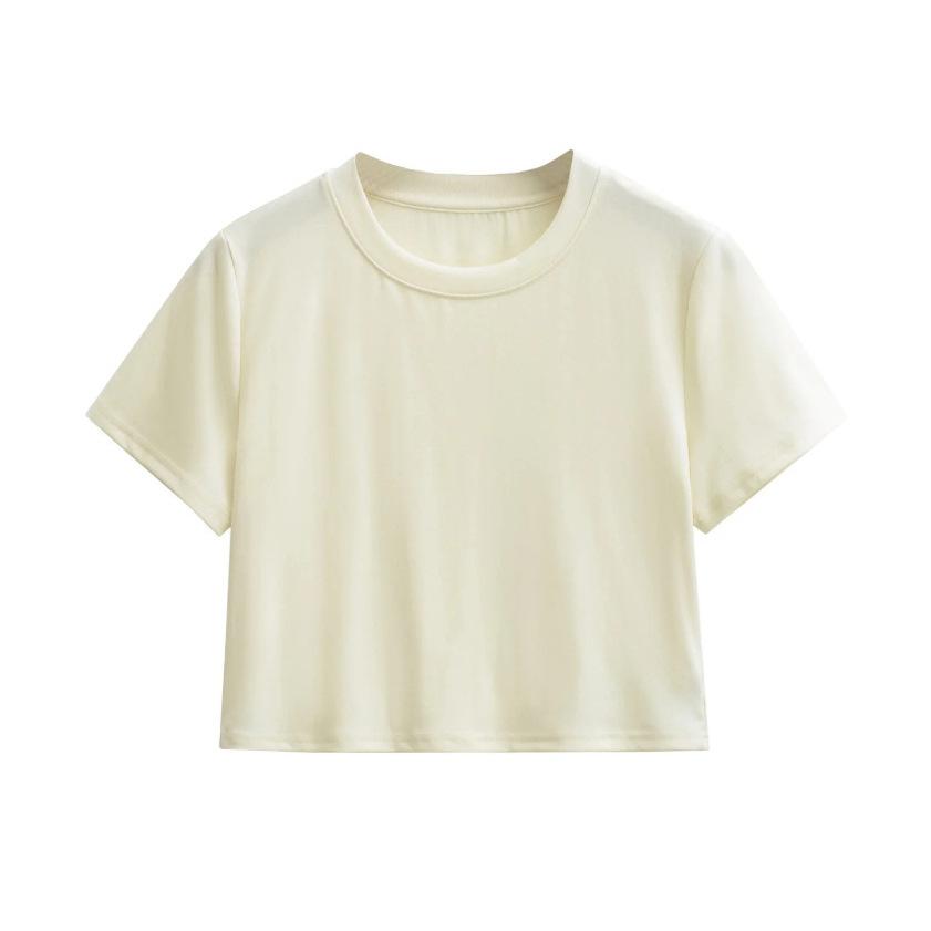 Front Shoulder Crew Neck Short Sleeve T-Shirt Women's Summer New American Spice Girl Style Solid Color Skinny Short Bottom Top