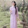 Womens Long Sleeve Winter Warm Chinese-Inspired Midi Dress With Stand Collar Closure Fleece-Lined Velvet Fabric