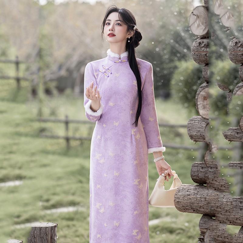 Womens Long Sleeve Winter Warm Chinese-Inspired Midi Dress With Stand Collar Closure Fleece-Lined Velvet Fabric