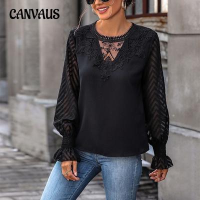 Camisa de mujer de primavera y otoño, Top con empalme de encaje, camisa de manga larga para ir al trabajo con transparencias