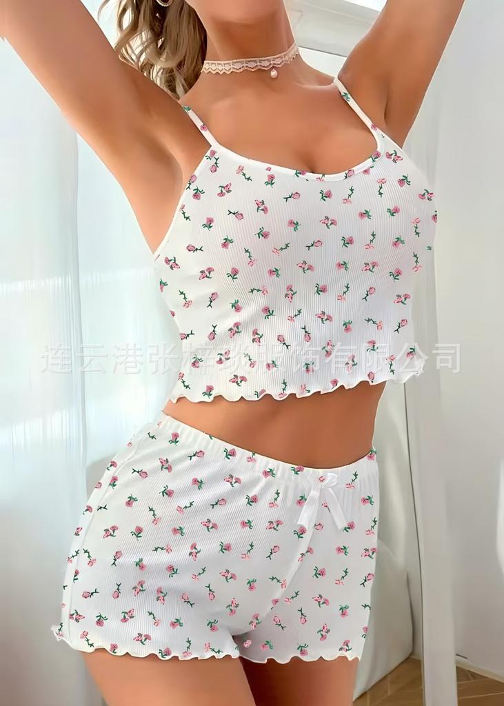 New fashion loungewear floral pit strip suspender shorts set fresh casual waist home pajamas