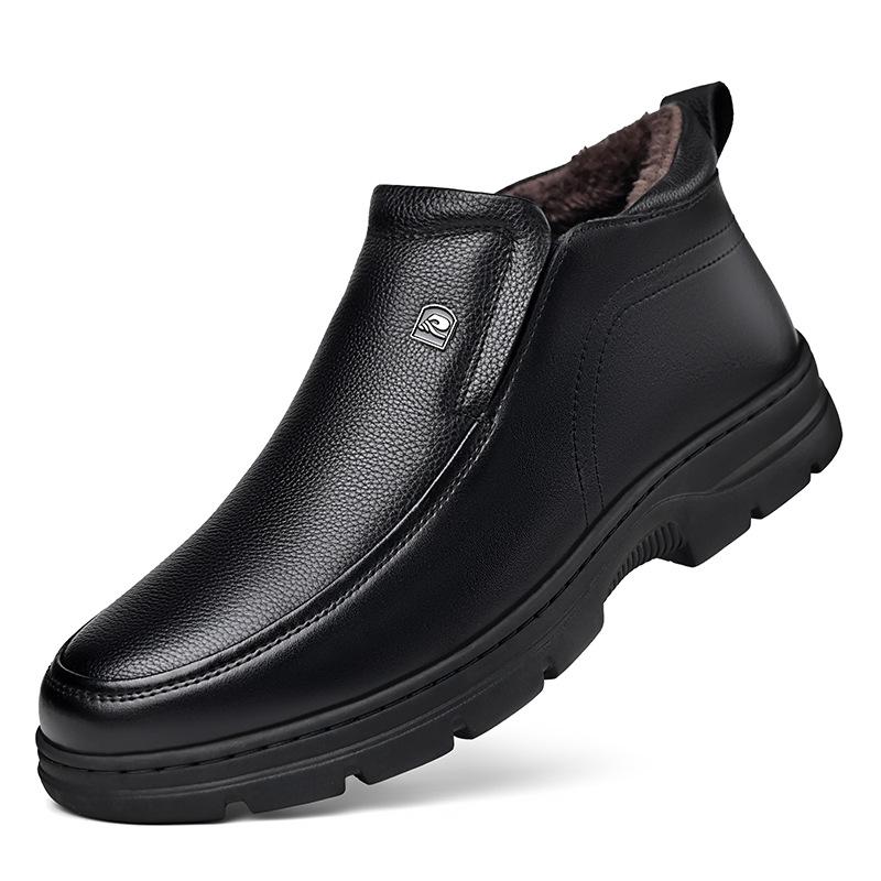 Men's 2025 Winter Genuine Leather Fleece-Lined High-Top Snow Boots with Thick Soles for Middle-Aged and Elderly