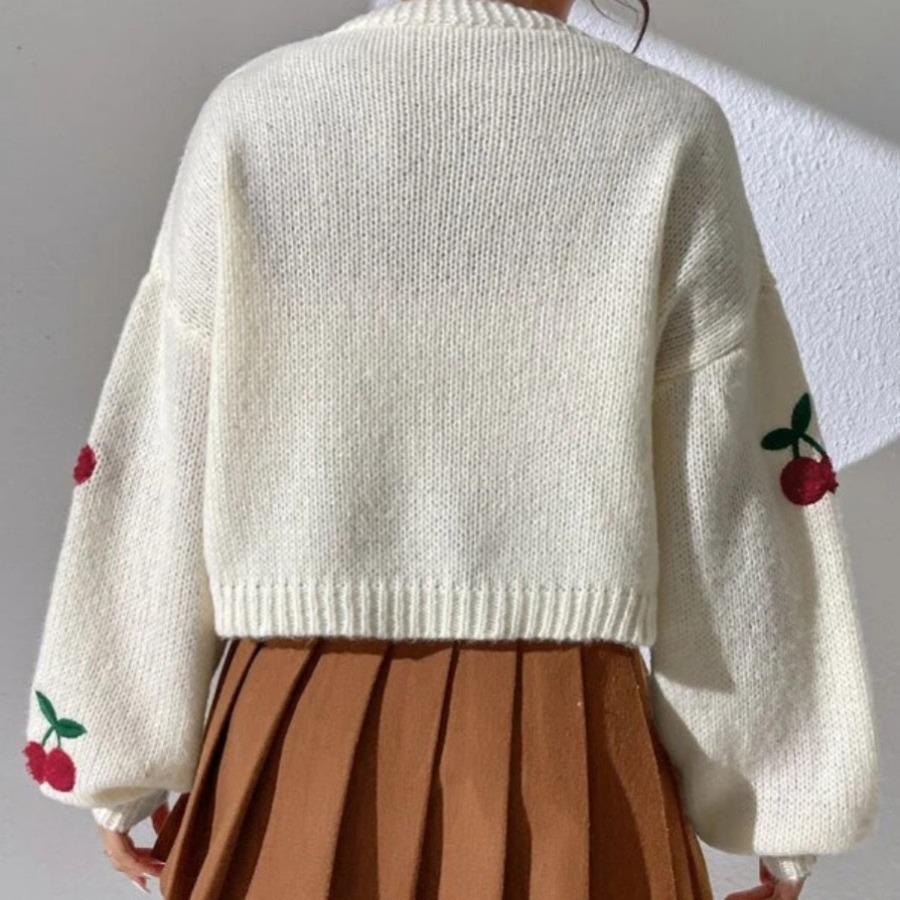 European & American Cherry Embroidery Knit Cardigan - Casual, Loose, No Button, Women's Autumn/Winter Sweater.