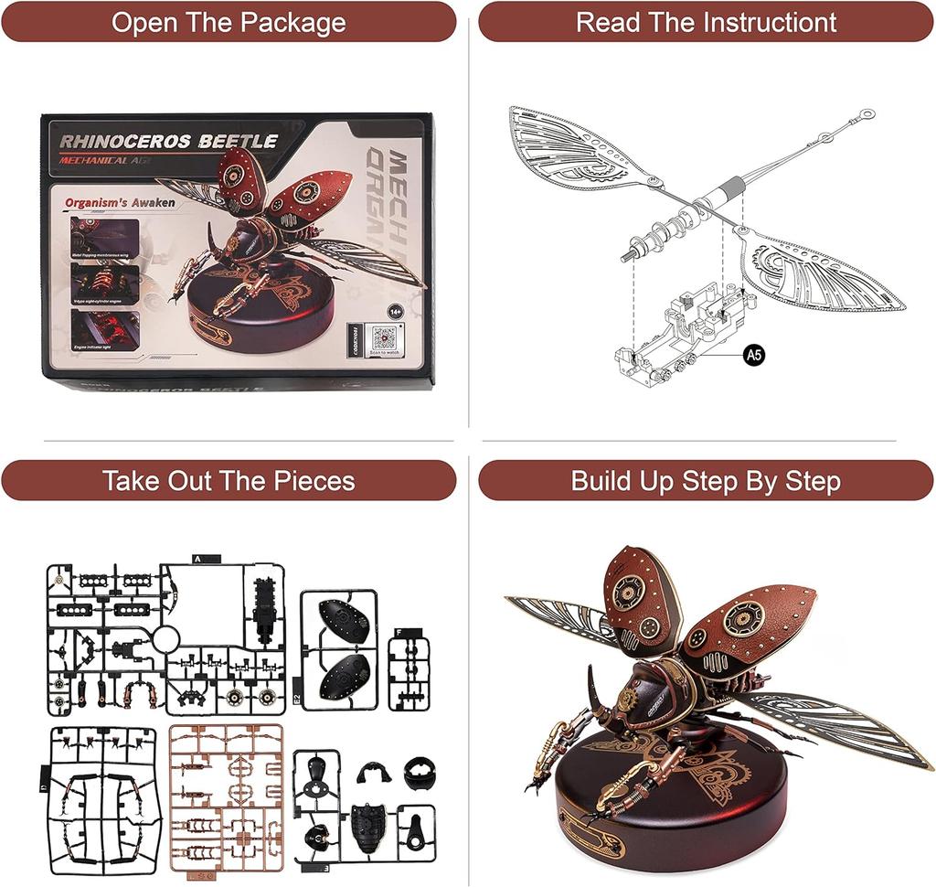 Robotime Rokr 3D Metal Puzzle Rhinoceros Beetle with LED Light of Industrial-style Building Block gift for Kids