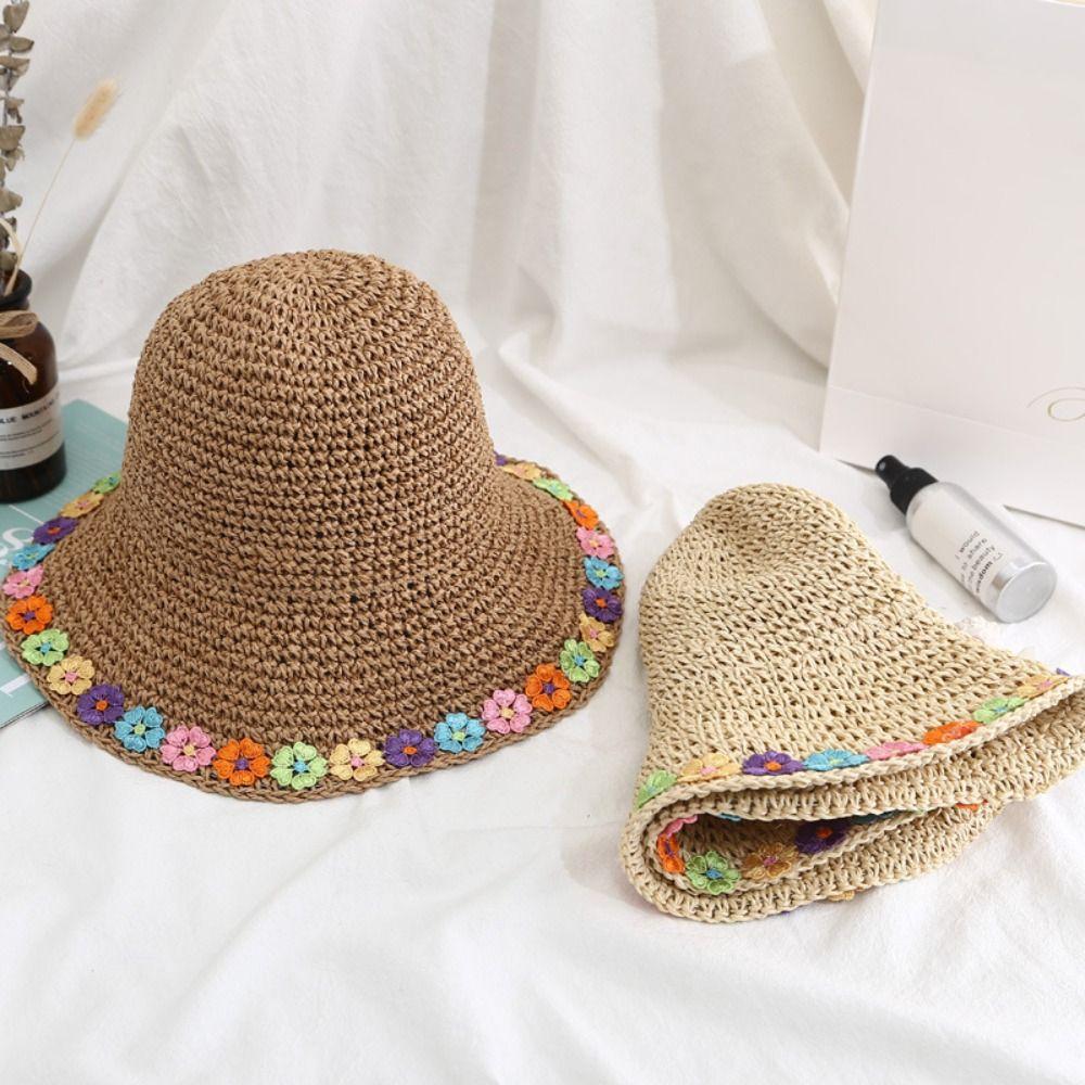

Flower Beach Hat Boho Weave Straw Cap Simple Lafite Straw Hat Summer хаки