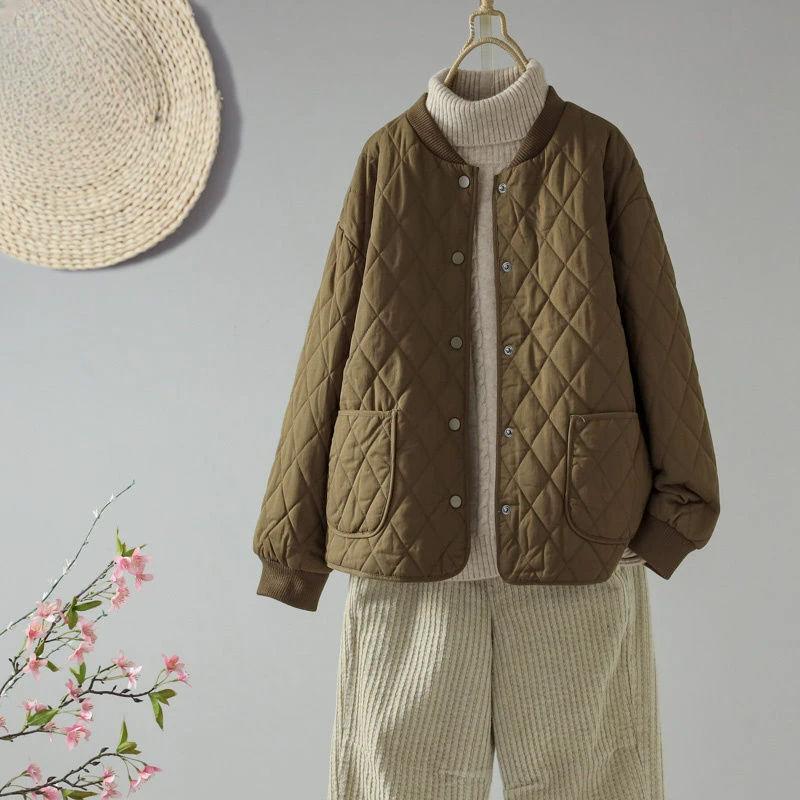 Kvinners Vattert Diamantmønster Vinter Kort Jakke Løs Mote Ensfarget Lett Bomullspolstret Kåpe