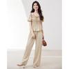 Women's Summer Square Neck Pleated Puff Sleeve Shirt & Long Pants Two-Piece Set