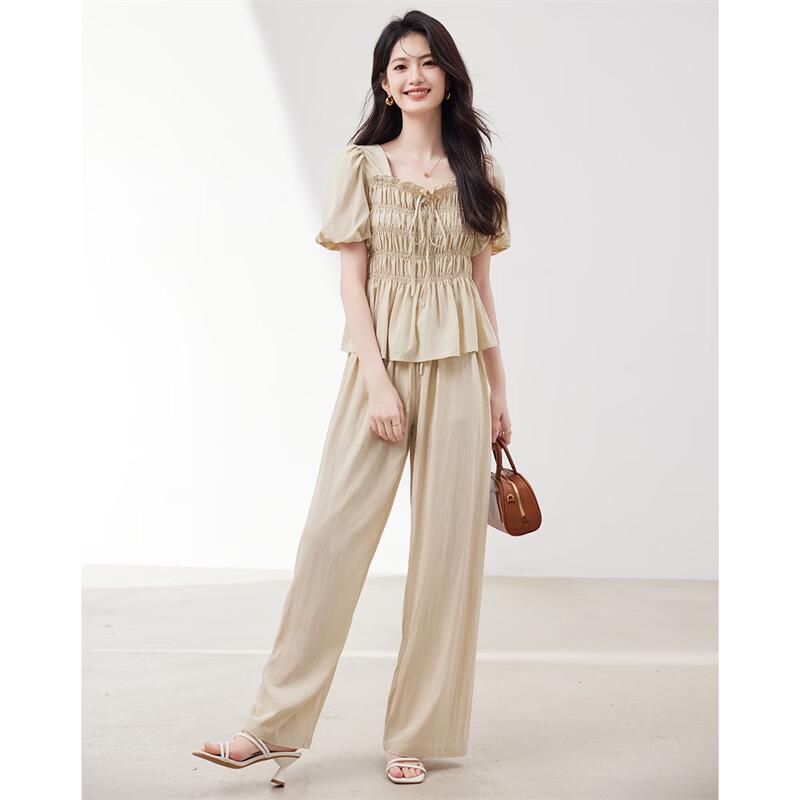 Women's Summer Square Neck Pleated Puff Sleeve Shirt & Long Pants Two-Piece Set