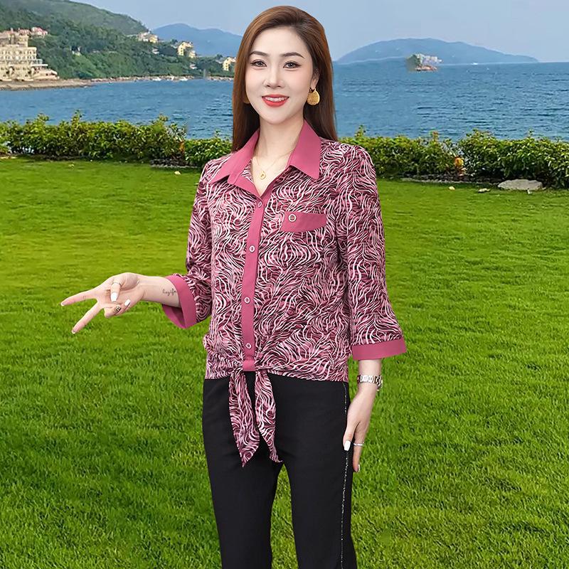 

Весна 2025 Цветочный Слим-Топ для Женщин Среднего Возраста - Стильный Дизайн с Завязками 4XL (130-140 jin) розовый