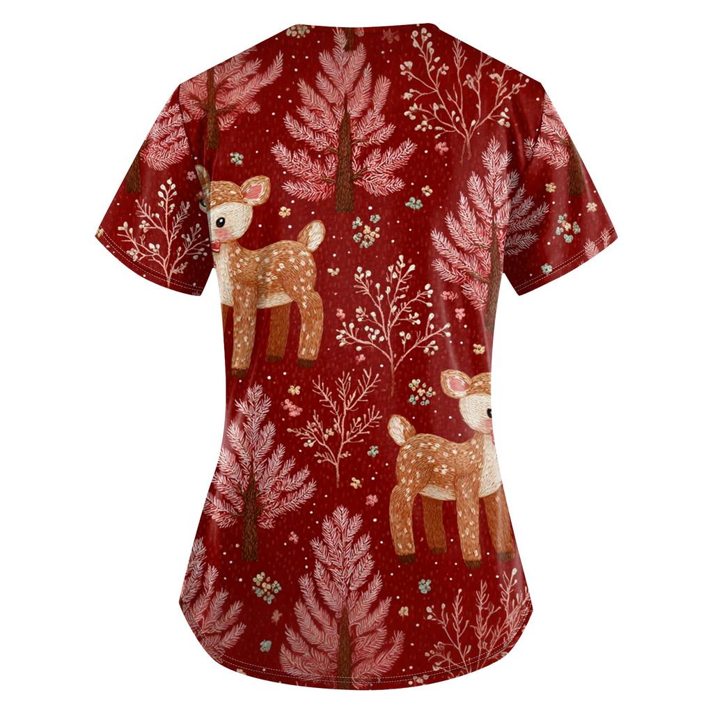 Damen-Bluse mit Weihnachtsdruck, kurzärmelig, V-Ausschnitt, Arbeitstasche