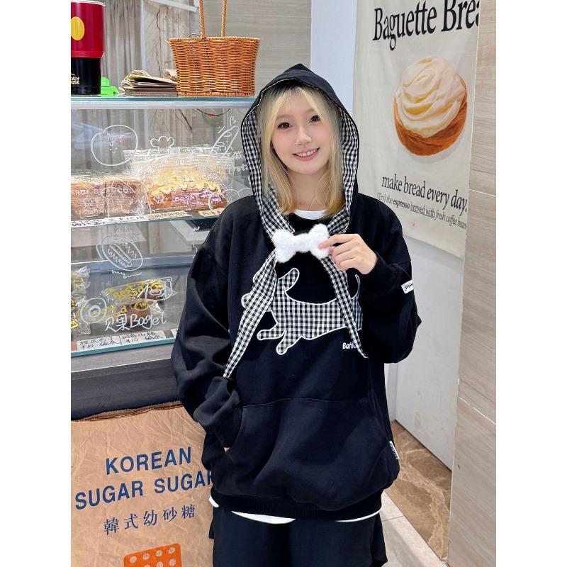 American Embroidered Puppy Plaid Strap Hooded Thin Sweatshirt for Women Autumn Winter College Style